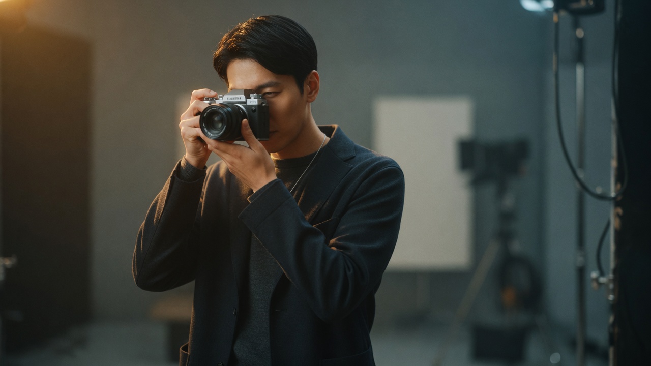 Editorial portrait with director's viewfinder, headphones, sketchbook, and stylus in soft focus: a creative who moves fluidly between writer, director, designer, and editor.