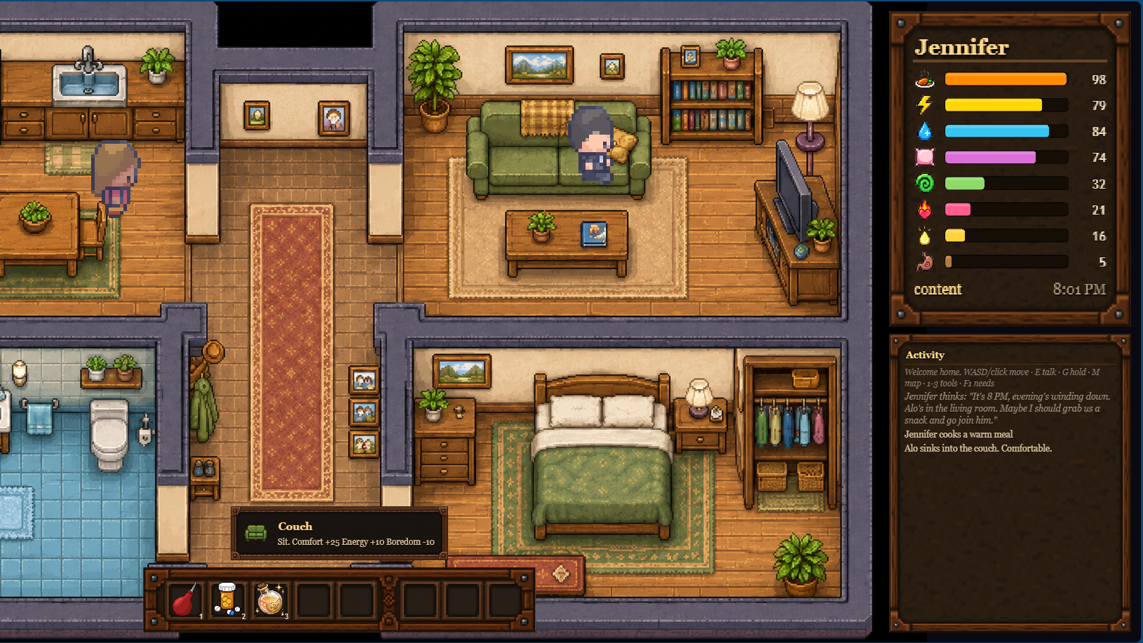 Late Night Home game: the top-down house where the AI-driven character lives