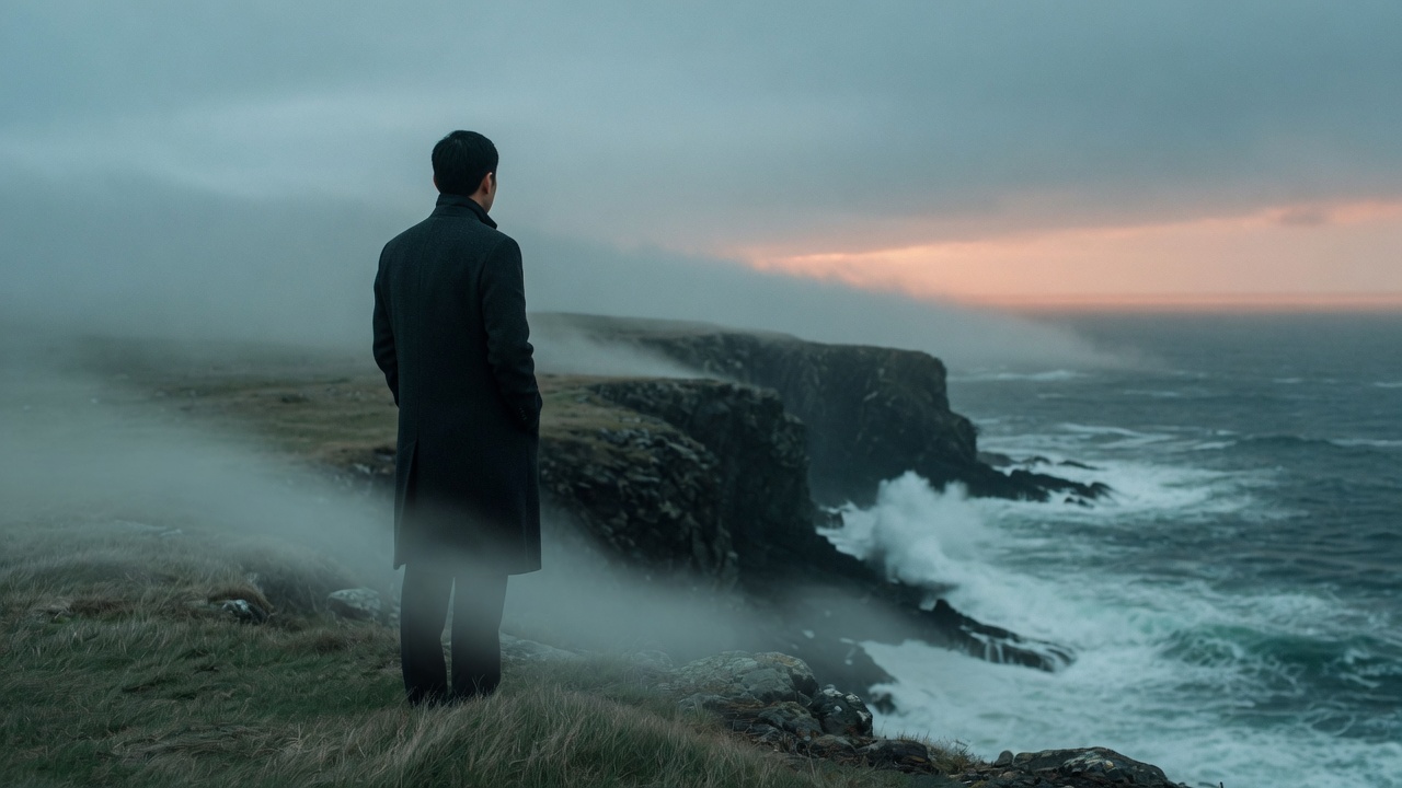Cinematic still of a tailored figure on a fog-bound Newfoundland headland with a quiet cultural marker: a cross-cultural lens bridging Shanghai craft and Atlantic folklore.