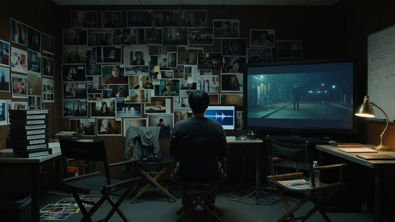 Wide cinematic still of a lone director at a night finishing suite ringed by empty director, crew, and colorist chairs: every role staged through a directed AI pipeline to reach ambitious, cinema-scale scenes.
