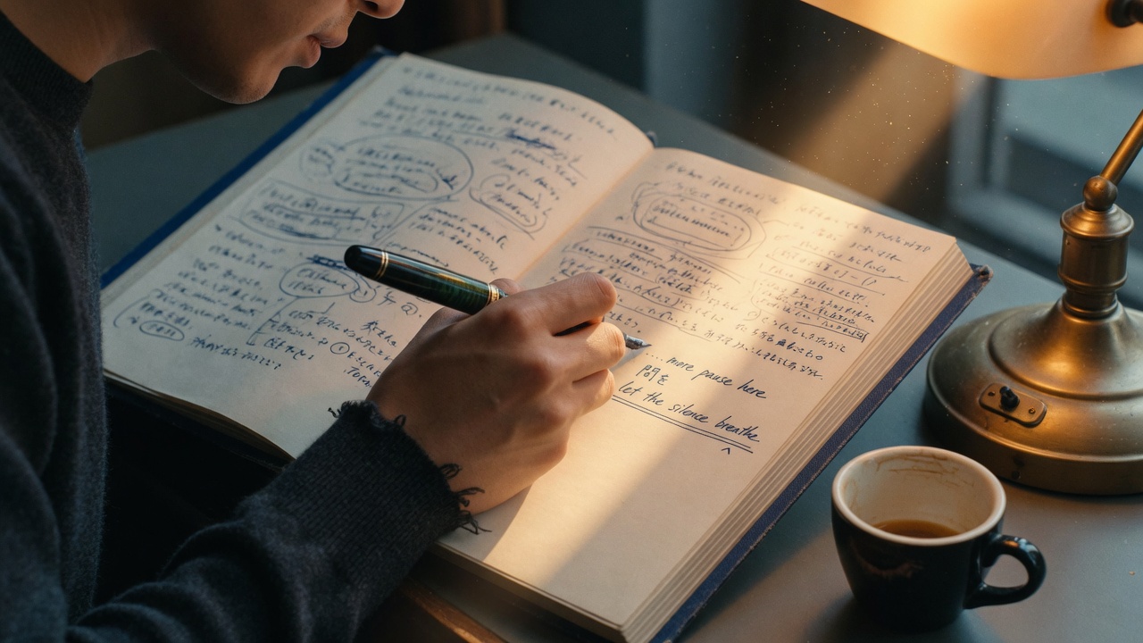 Cinematic still of a hand annotating a screenplay in late-afternoon window light: story-first thinking, every cut treated like a sentence.